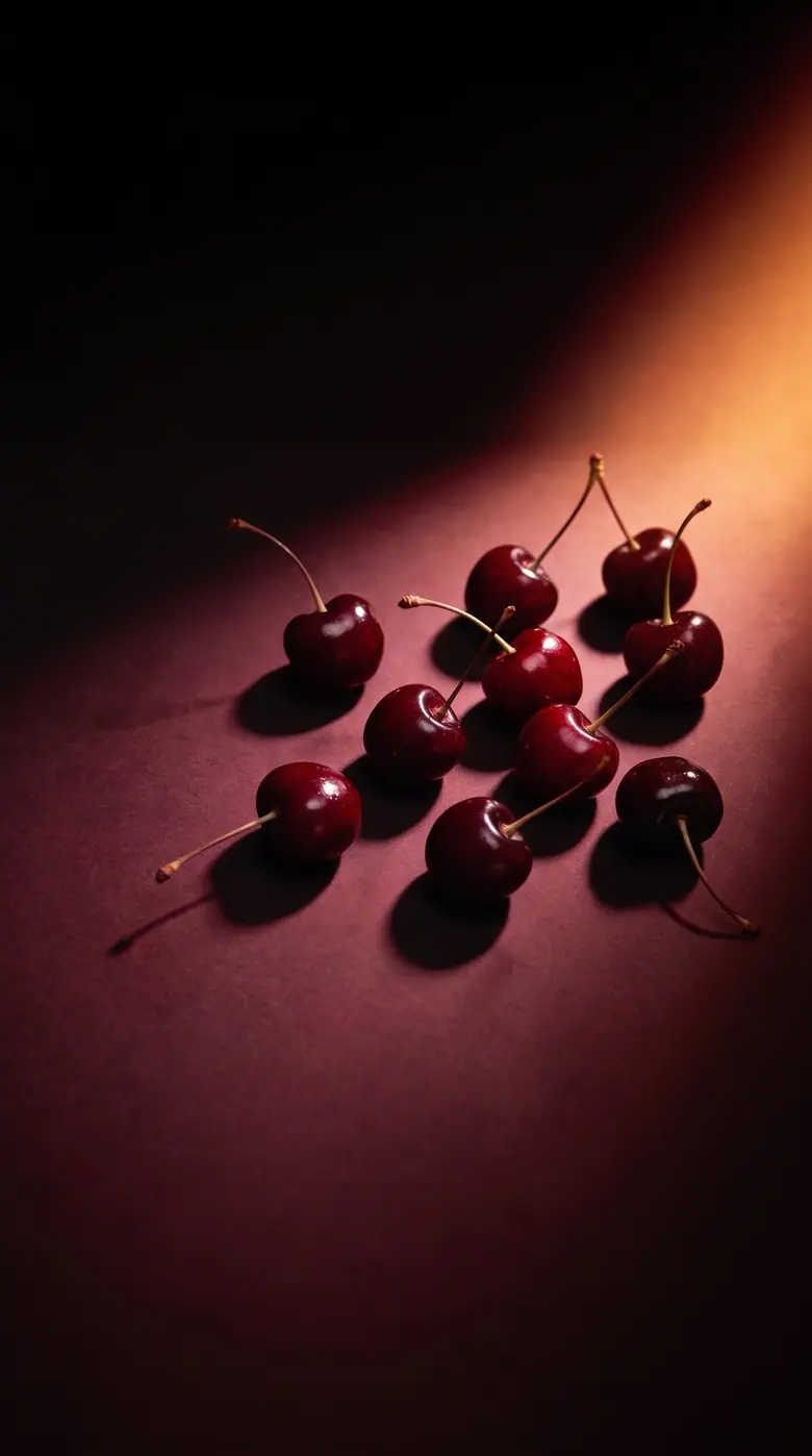 Dark cherries scattered on a deep burgundy surface